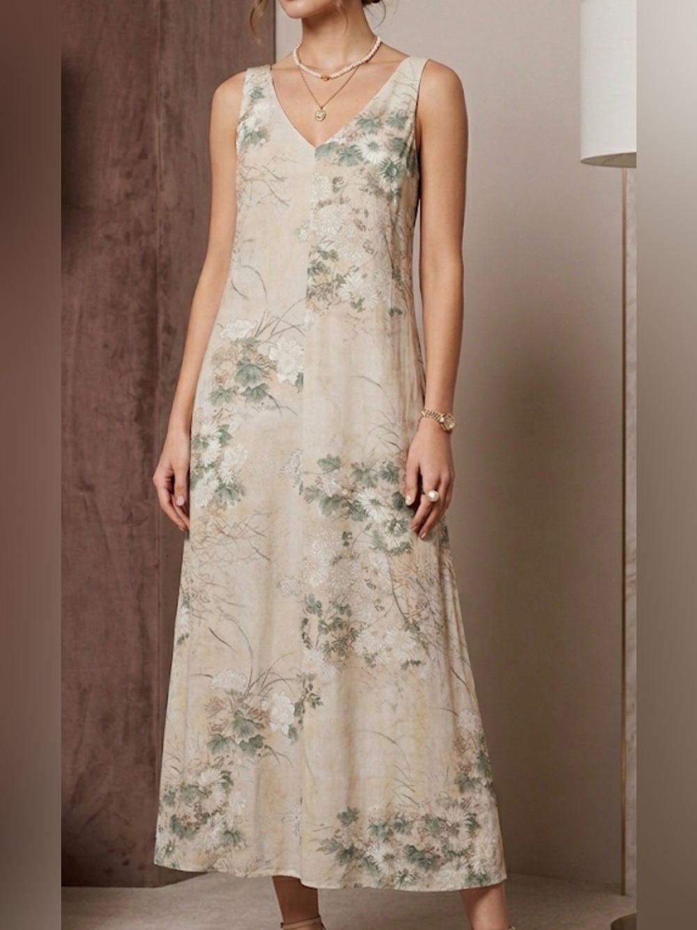 Peruvian Connection Floral Chrysanthemum Maxi Dress Beige V-Neck Rayon Modal M